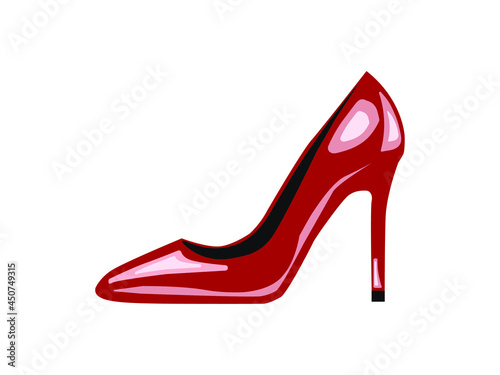 Shiny red high heel shoe isolated on white background vector illustration. Womens red high heel shoes. Sale banner template. Female sexy shoes, patent leather shoes.