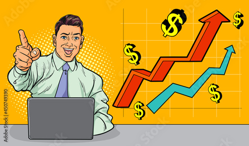 Business man with laptop pointing hand with arrow graph corporate
