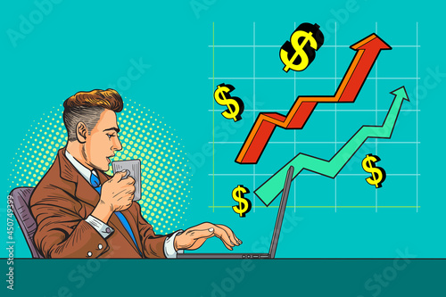 Business man working with laptop and drink look at arrow graph corporate  pop art comics style.