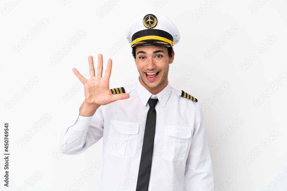 Airplane pilot over isolated white background counting five with fingers Airplane pilot over isolated white background counting five with fingers