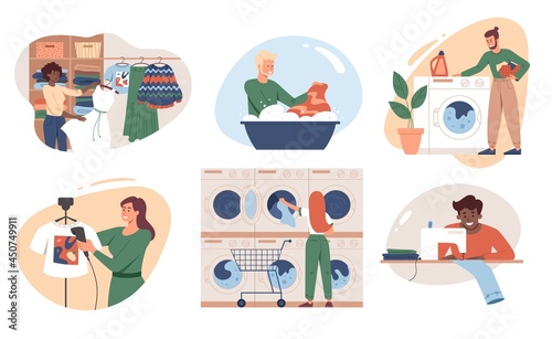 Set of garment care scenes with male and female characters cleaning, washing, laundrying, drying, repairing and steaming clothes on white background. Clothing care. Flat cartoon vector illustration