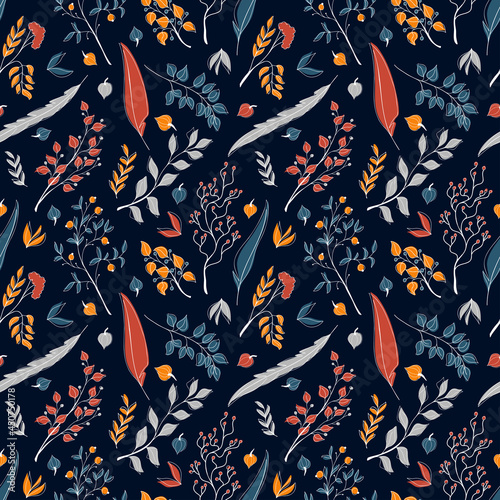 Vector seamless autumn pattern of cute tiny orange  red  blue  and grey leaves and feathers stylized in a flat and doodle style in the dark background. Hand-drawn leaf texture.Background for textile