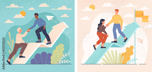 Goal-focused male and female characters are helping each other to climb up. Concept of increasing motivation to achieve the goal, support and work in a team. Isometric cartoon vector illustration