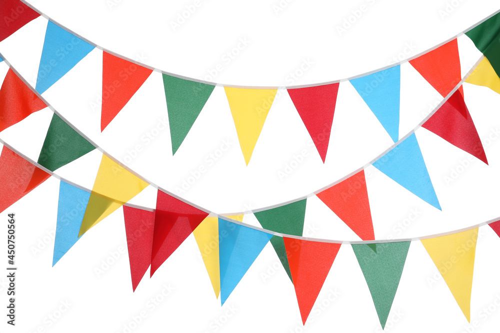 Buntings with colorful triangular flags on white background. Festive decor