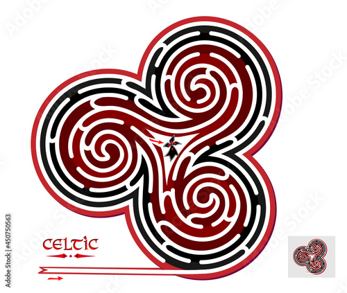 Logic puzzle game with labyrinth for children and adults. Find the way from start to center. Ancient mythological Celtic triple spiral symbol maze. Worksheet for kids brain teaser book. Play online.