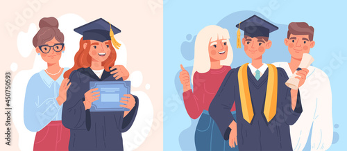 Happy male and female students are celebrating graduation in robe standing together with mom and dad. Proud parents are smiling with their chidren. Academic degree. Flat cartoon vector illustration