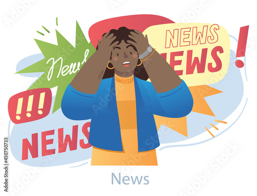 Stressful female characters is suffering from negative news on white background. Concept of dazed people overloaded with constant amount of media information. Flat cartoon vector illustration