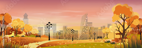 Autumn Cityscape with sunset sky background,Dramatic sunrise over the City,Twilight skyline landscape with yellow, orange and blue sky in the town,Vector horizon skyscraper,sunrise for Fall season
