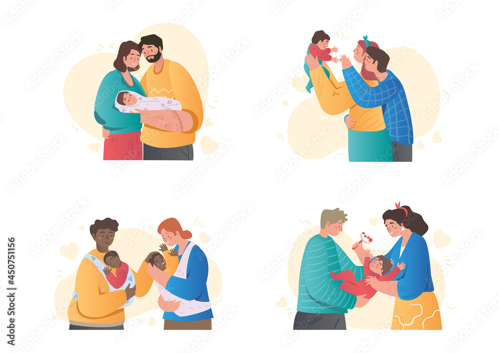 Set of cute couples holding newborn baby on white background. Different happy families are taking care and giving love to baby. Parents and kids embracing each other. Flat cartoon vector illustration