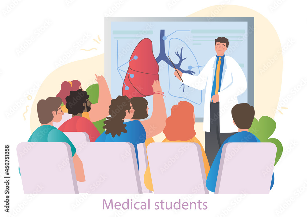 Male and female medical school students on a lecture together on white background. Young scientists are studying in a group for medical test. Flat cartoon vector illustration