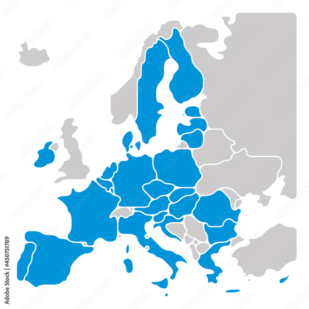Simplified map of EU, European Union. Rounded shapes of states with smoothed border. Blue simple flat blank vector map.
