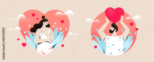 Male and female characters in hearts are showing self love on pastel background. Concept of loving yourself and being proud of body, inner peace and acceptance. Flat cartoon vector illustration