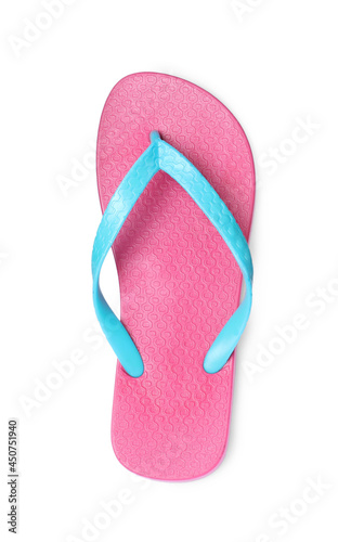 Single pink flip flop isolated on white, top view