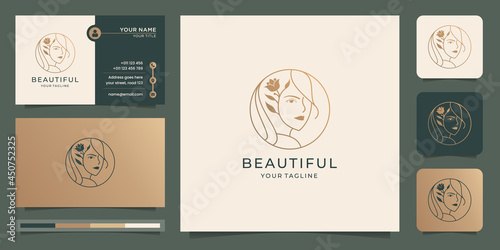 beauty woman face logo inspiration feminine salon logo with leaf style,flower,line art,circle shape.