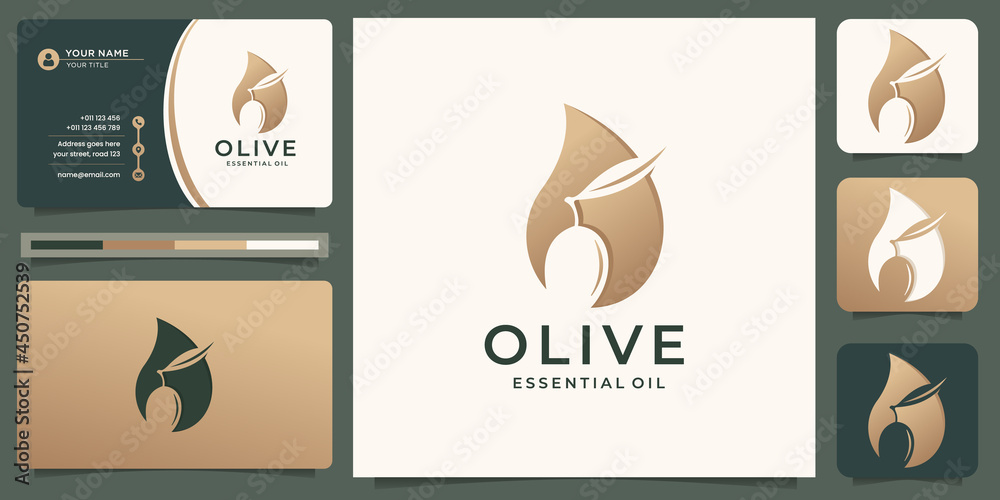 silhouette Olive oil logo template.c ombination oil and olive branch in silhouette shape. logo with business card