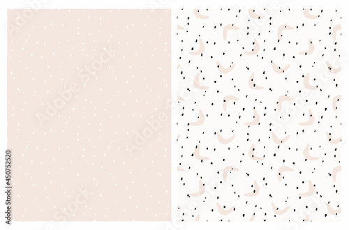 Cute Abstract Geometric Vector Patterns. White and Black Hand Drawn Brush Spots and Dots Isolated on a Beige and Off-White Background. Irregular Simple Abstract Doodle Print.