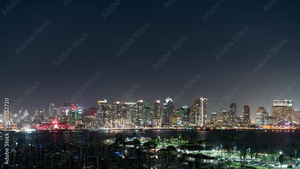 San Diego Downtown Skyline and Harbor Island Telephoto Night Time Lapse California USA San Diego Downtown Skyline and Harbor Island Telephoto Night Time Lapse California USA