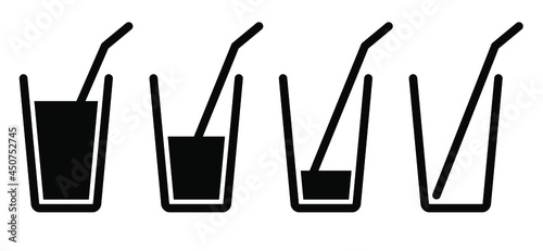 Cold drink or water glass icon vector. Cocktail, soda, lemonade or juice pictogram. Full, half full, empty glass.