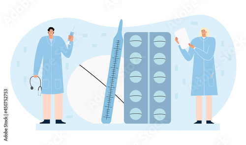 Man therapist and woman pharmacist with a prescription in hands on the background of pills and a thermometer. Pharmacy medical concept with doctors. Vector illustration in a flat style.