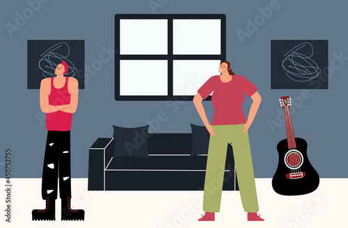 An angry mother argues with her son in his room. Quarrel with a teenage punk. The problem of the relationship between parents and children. Family conflict, misunderstanding. Vector illustration
