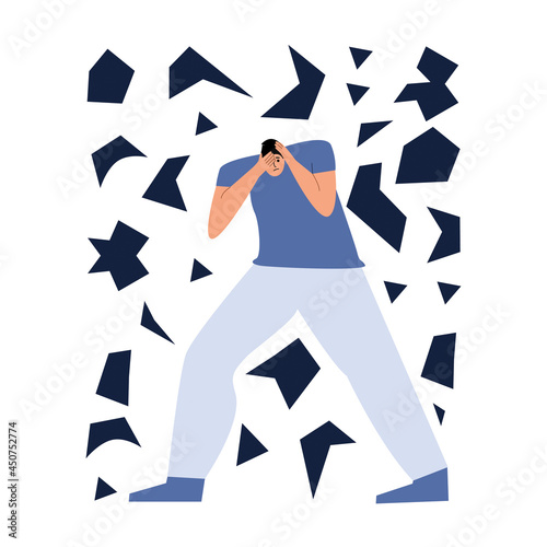 Panic attack concept. Anxiety, nervousness, fear, phobia. Obsessive–compulsive disorder. Mental stress. Flat vector illustration.