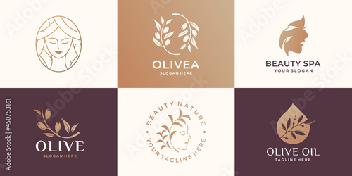 collection of beauty woman logo, olive branch, beauty spa, woman face, olive oil, feminine logo.