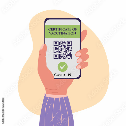 Certificate of vaccination vector flat cartoon illustration, woman hand holding smatrphone with vaccine QR code in mobile app or screen. Covid-19 coronavirus vaccine certificate