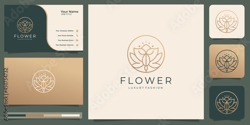 geometry feminine beauty flower rose logo with circle shape line art style. logo and business card template.