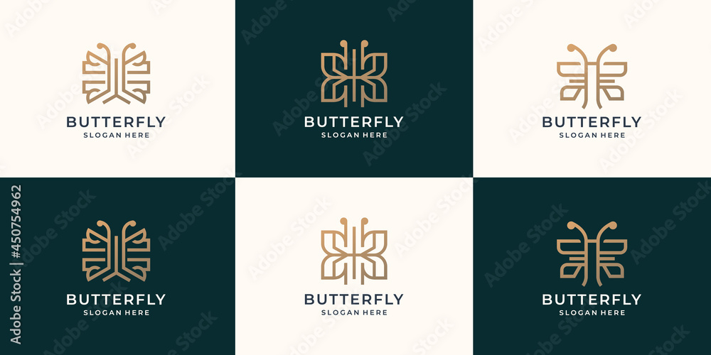set minimalist butterfly logo template. luxury butterfly logo inspiration, gold color. set minimalist butterfly logo template. luxury butterfly logo inspiration, gold color.