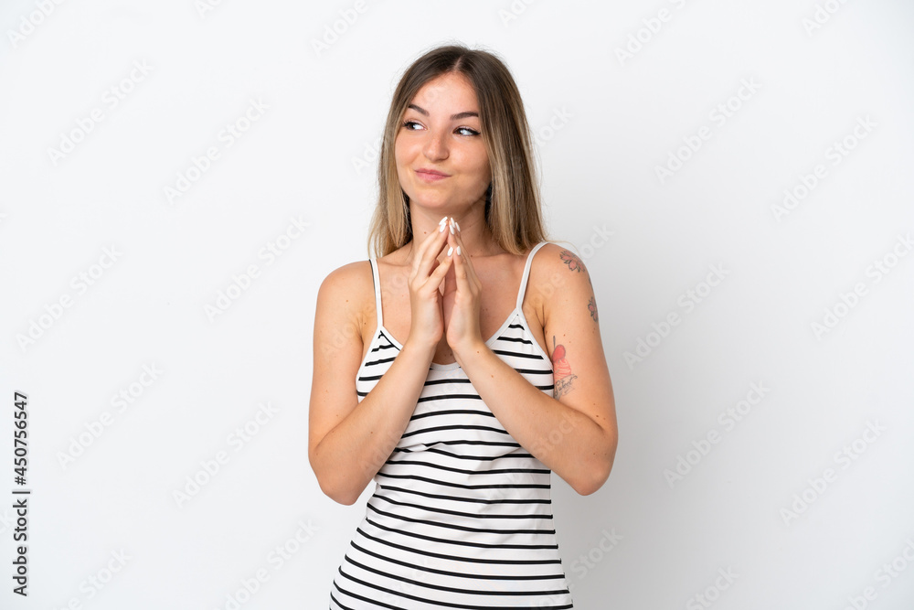 Young Romanian woman isolated on white background scheming something Young Romanian woman isolated on white background scheming something