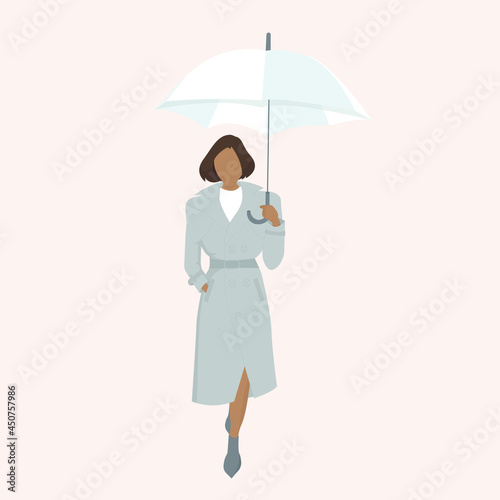 A woman with an umbrella walks in the rain. Flat vector illustration of a young girl on a walk, autumn. Illustration in pastel colors.
