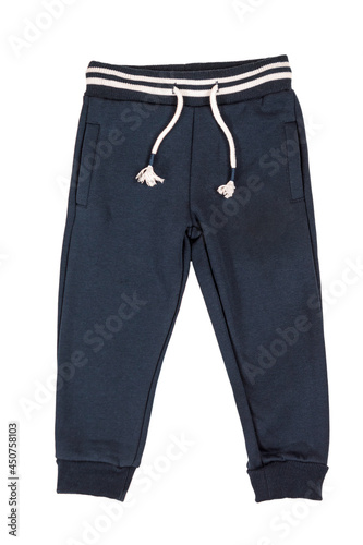 Dark blue fabric sweatpants, comfortable, casual, cotton clothing, isolated on a white background, close-up