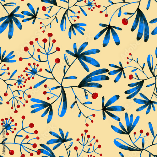 Seamless repeatable pattern. Scandinavian Floral design. Berries. Winter mystic garden. Magical autumn vibes. Digital painting. Hand drawing. Colored pencil texture. Colorful. Original illustration.