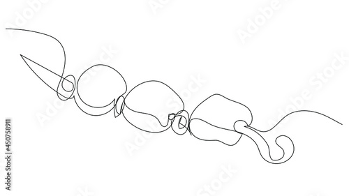 Skewer with kebabs in one line on a white background. Stock illustration with marshmallows for frying on the fire.