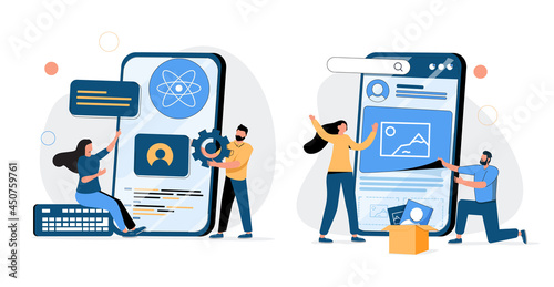 Mobile app development process abstract concept vector illustration set. React native mobile app, experience design.