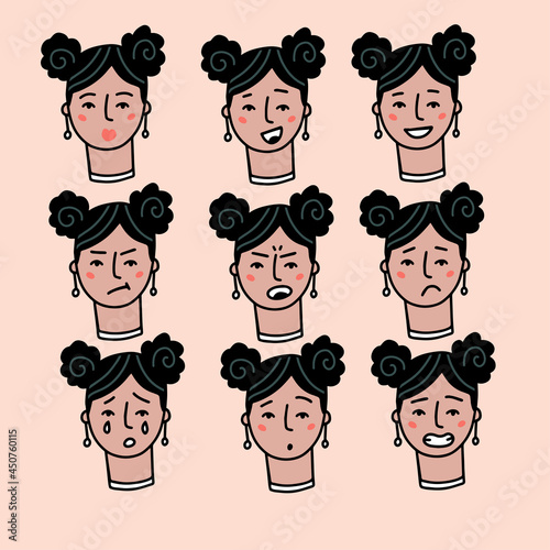 Teenage woman portrait with different facial expressions set isolated on beige background. Young girl smiling, surprised, happy, smiling, idea, kind, angry, greeting emotion face vector character.