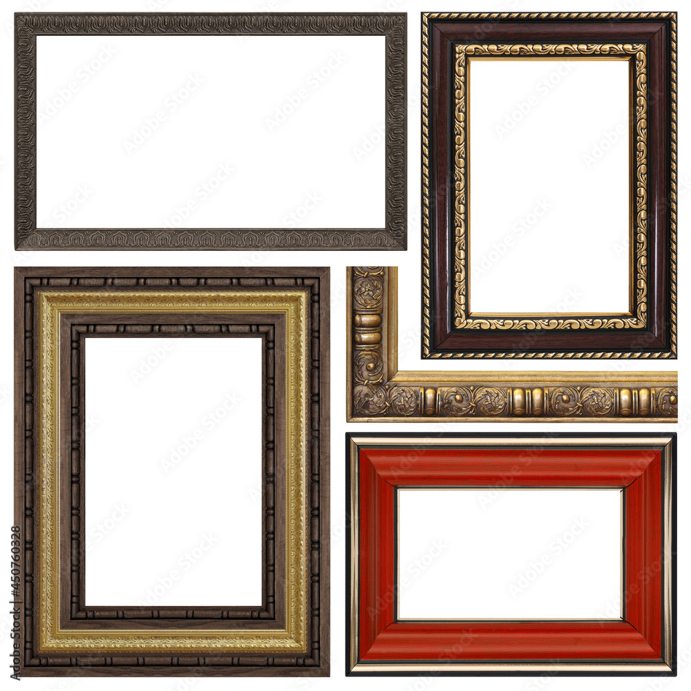 Set of wooden frames for paintings, mirrors or photo isolated on white background Set of wooden frames for paintings, mirrors or photo isolated on white background