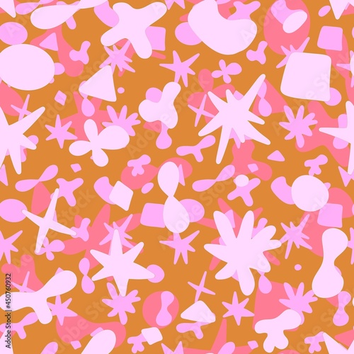 Abstract seamless pattern. Yellow, black biomorphic elements on a white background. Stars, circles, drops, lines, spots, bubbles.