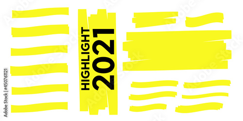 Yellow vector highlighter elements set. Yellow marker text selection