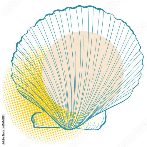Scallop shell in line art style on spotted background. Vector color hand drawn illustration. Elements for design seafood shop or menu, decor, label, print, poster, t-shirt.