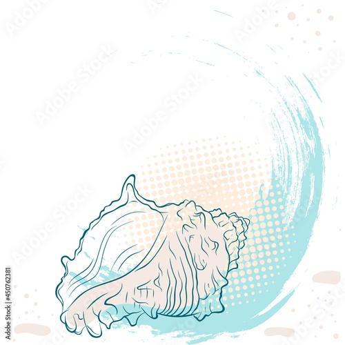 Spiral spiked seashell in line art style on grunge spotted background. Vector color hand drawn illustration with place for text. Elements for design seafood, decor, label, print, poster, t-shirt.