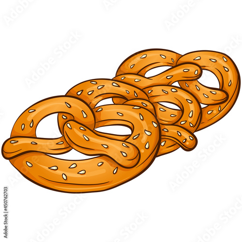 Color illustration three pretzels with sesame seed. Elements of the Oktoberfest beer festival. Hand drawn vector illustration isolated on white background