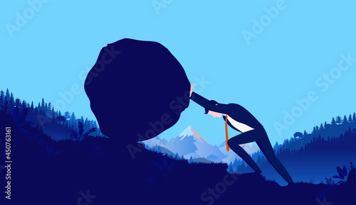 Business struggle - Businessman doing the heavy task of pushing big rock up hill. Challenges and problem concept. Vector illustration.