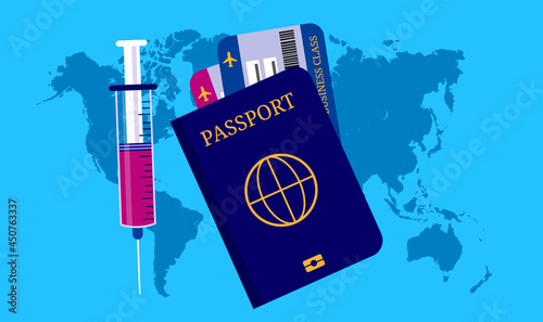 Vaccine and world travel concept. Passport, plane tickets and syringe with world map in background. Vector illustration