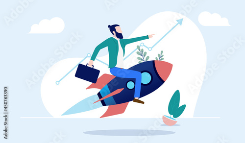 Business growth illustration with casual businessman flying on rocket and rising arrow in background. Business success and progress concept. Vector © Knut