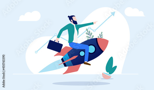Business growth illustration with casual businessman flying on rocket and rising arrow in background. Business success and progress concept. Vector