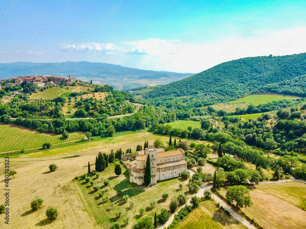 aerial panorama of the area of Montalcino Italy in summer