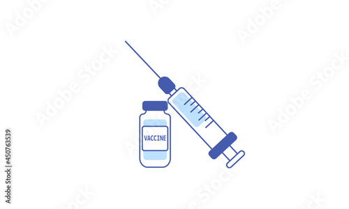 Vaccine Coronavirus. Icon of a medical ampoule with a vaccine and a syringe. Flat-style antiviral vaccine. Illustration isolated on white background for design and web.