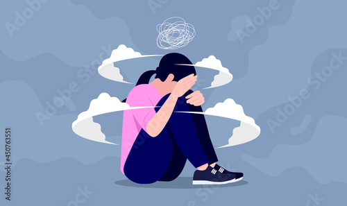 Female depression - Teen girl having anxiety attack and being depressed. Mental health problems concept. Vector illustration.