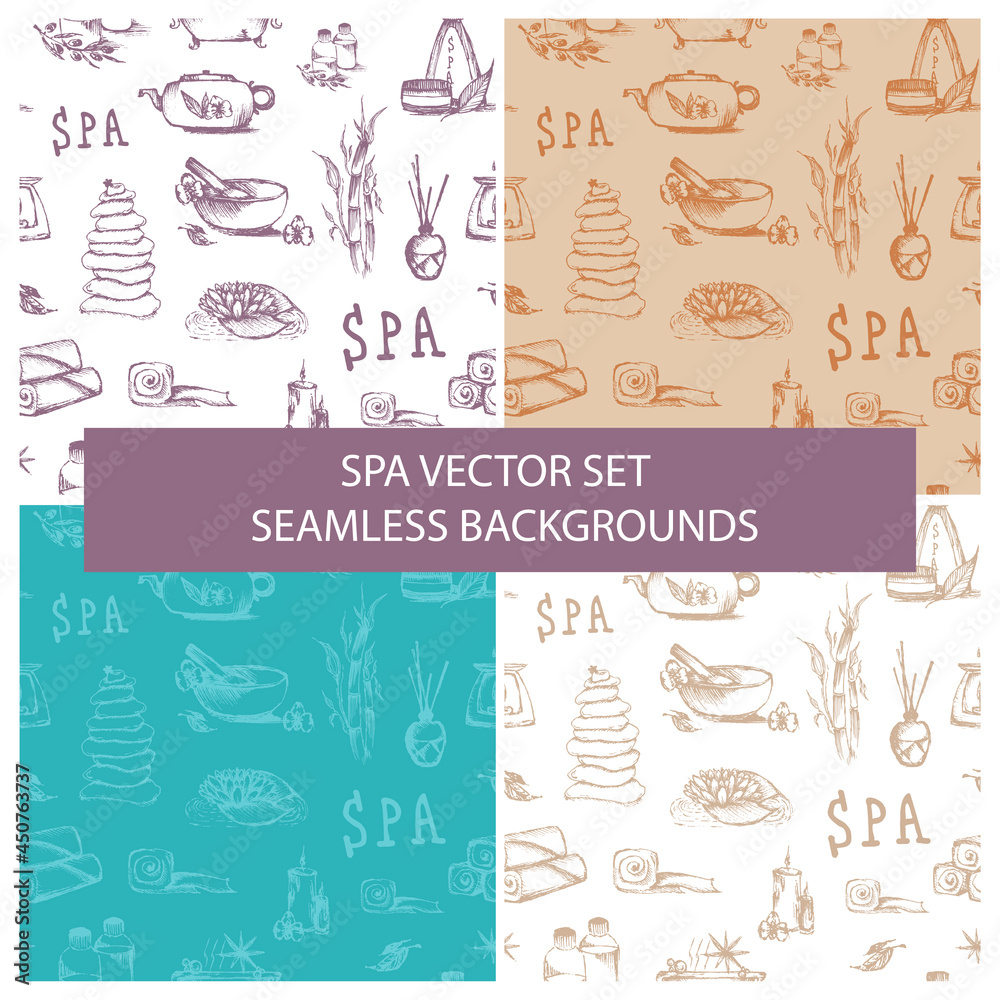 Set Vector Spa background template isolated. doodle spa elements, seamless pattern, vector illustration. Massage and spa concept, background for beauty saloon, gift wrapping, design. day spa